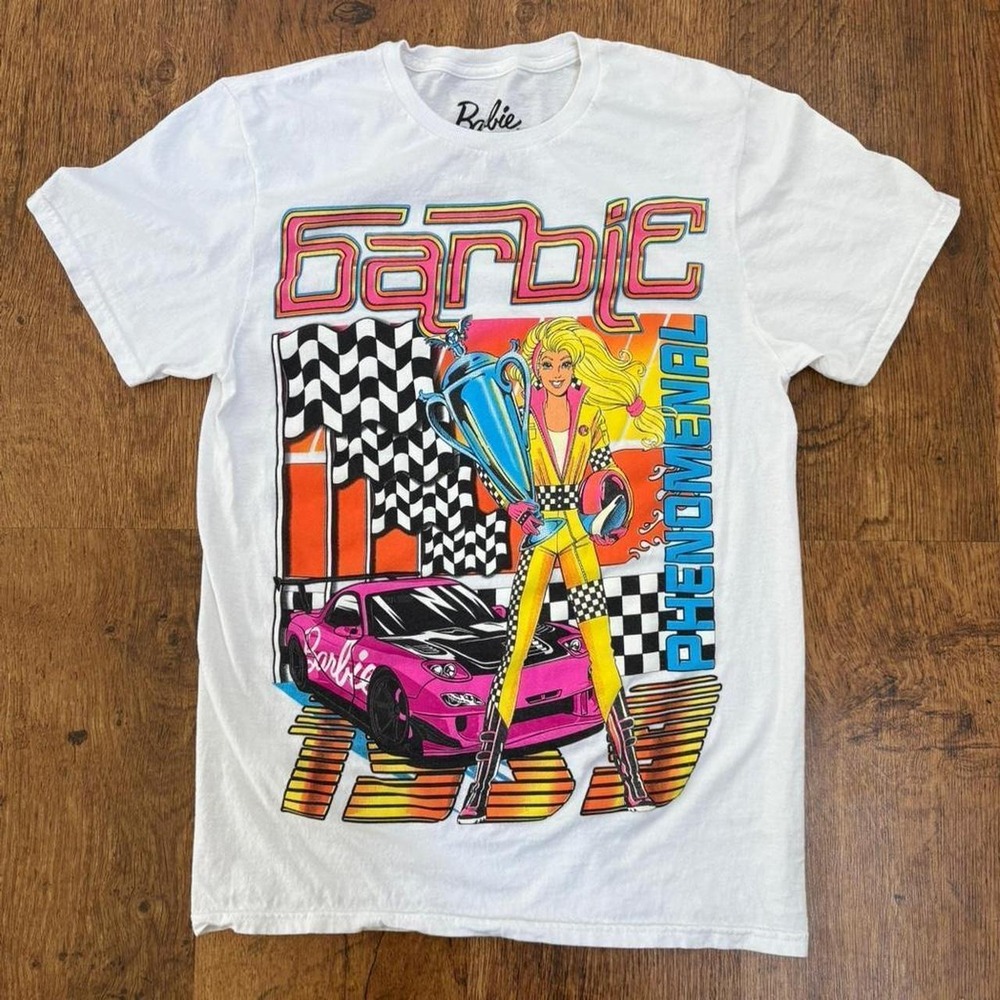 Barbie Racing T-shirt White Multi-Color Retro Streetwear Graphic Tee Small